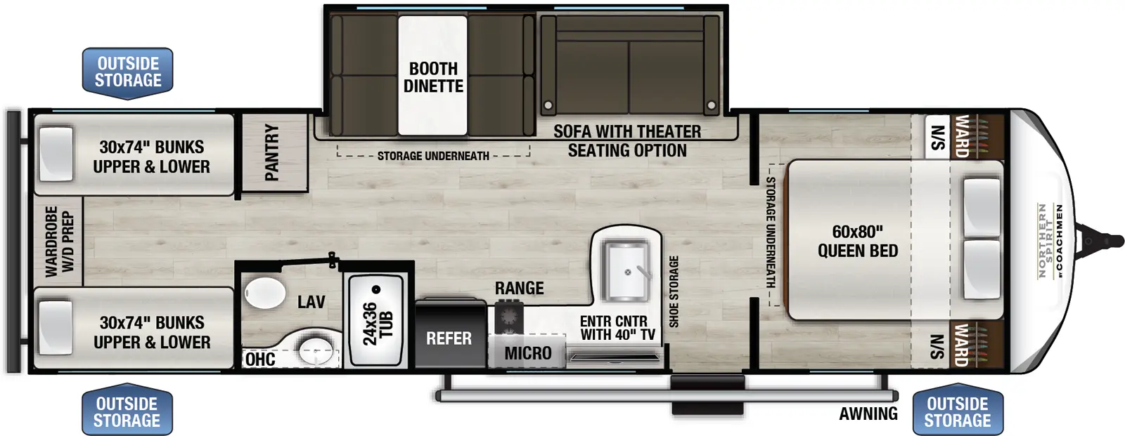 The Northern Spirit SE 29BH floorplan has one entry and one slide out. Exterior features include: fiberglass exterior and 16' awning. Interiors features include: bunk beds and front bedroom.